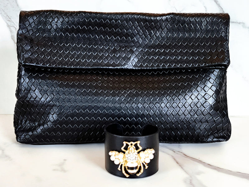 Black Leather Clutch and Bee Cuff