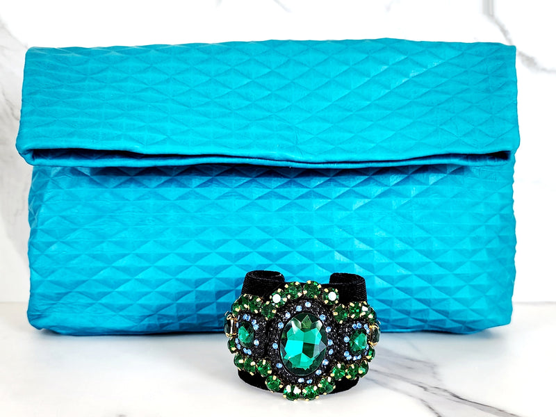 Teal Leather Clutch and Blue/Green Jeweled Cuff