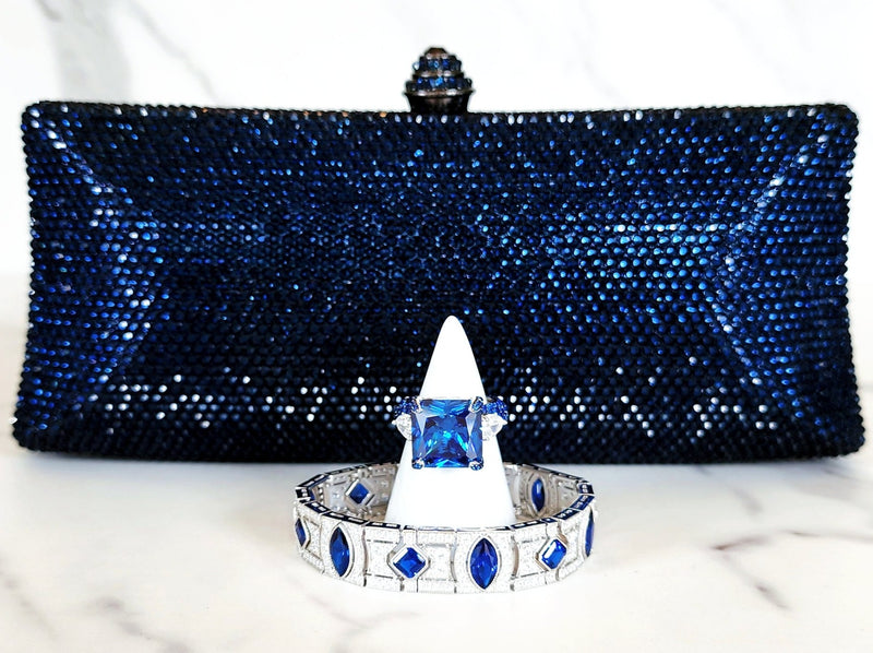 Navy Blue Crystal Clutch, Sterling Silver Sapphire Ring and Bracelet