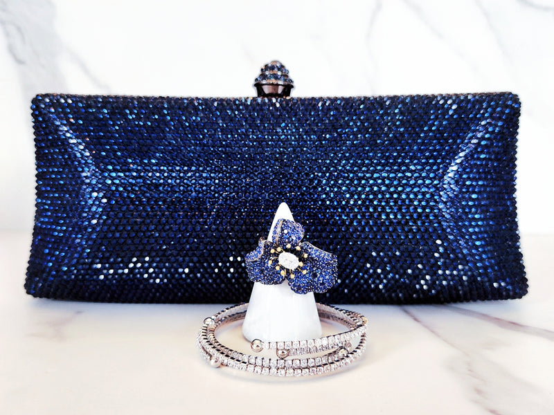 Navy Crystal Clutch,  Sterling Silver Blue Pave Flower Ring and 3 Wrap Bracelets