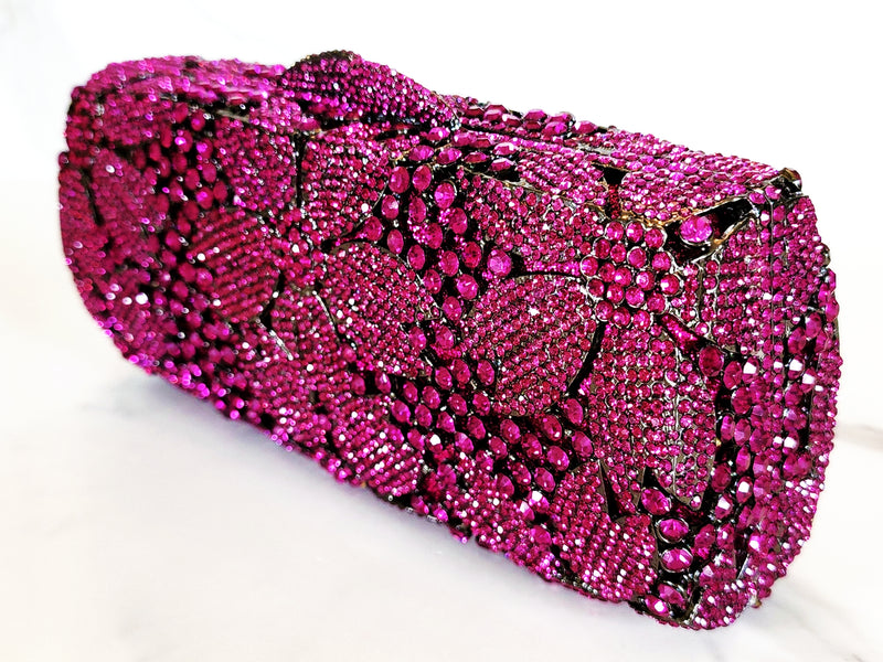 Fuchsia Pink Crystal Clutch Purse and Sterling Silver Pave Orchid Ring