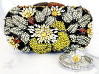 Yellow, Black and White Flower Crystal Clutch, Sterling Silver Yellow Flower Ring and 3 Wrap Bracelets