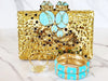 Gold and Turquoise Blue Clutch Purse, Goldtone Double Finger Ring and Turquoise Blue Enamel Bracelets