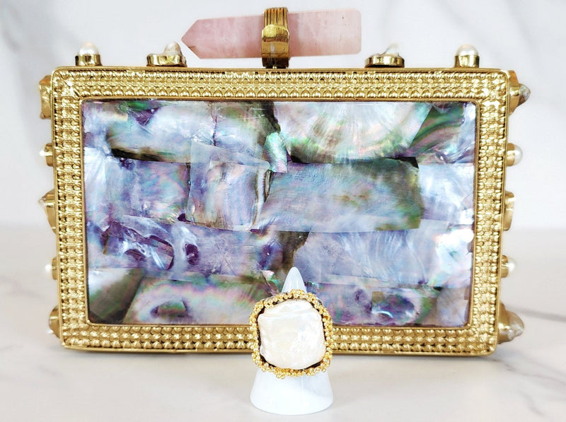 Gold Multicolored Mother of Pearl Clutch and Sterling Silver Gold Embellished Pearl Ring