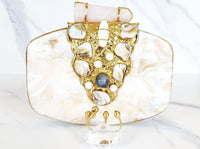 Gold and White Mother of Pearl Stone Embellished Clutch Purse, Goldtone Double Finger Ring