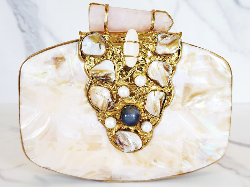 Gold and White Mother of Pearl Stone Embellished Clutch