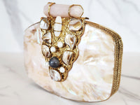 Gold and White Mother of Pearl Stone Embellished Clutch