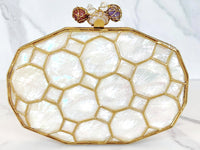 Gold and White Mother of Pearl Honeycomb Clutch