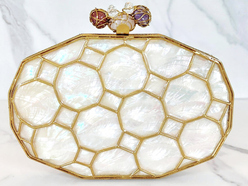 Gold and White Mother of Pearl Honeycomb Clutch