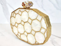 Gold and White Mother of Pearl Honeycomb Clutch