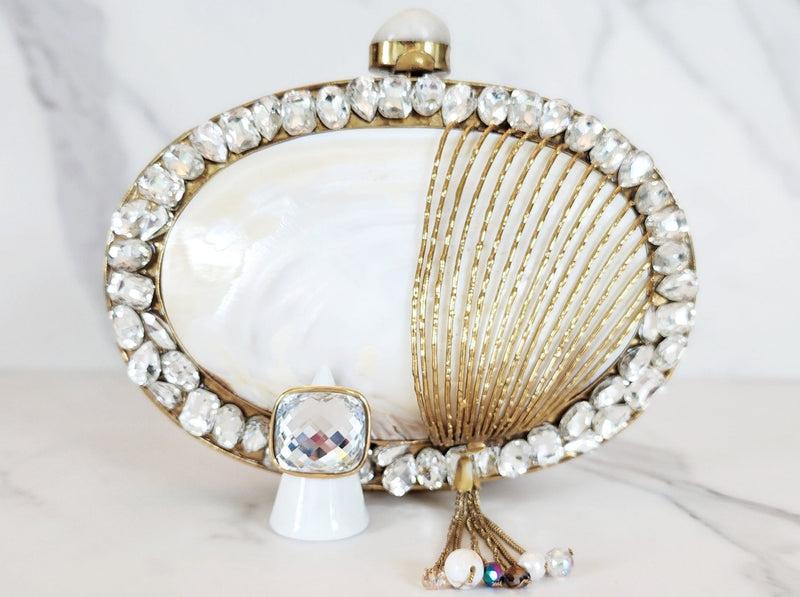 Gold and White Mother of Pearl Clutch and Goldtone Glass Ring