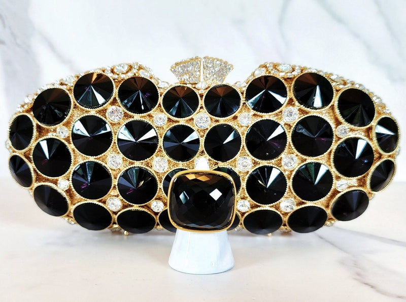 Black and Gold Crystal Clutch and Black Glass Ring