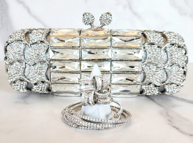 Silver Crystal Clutch, Sterling Silver Diamond Knot Ring and 3 Wrap Bracelets