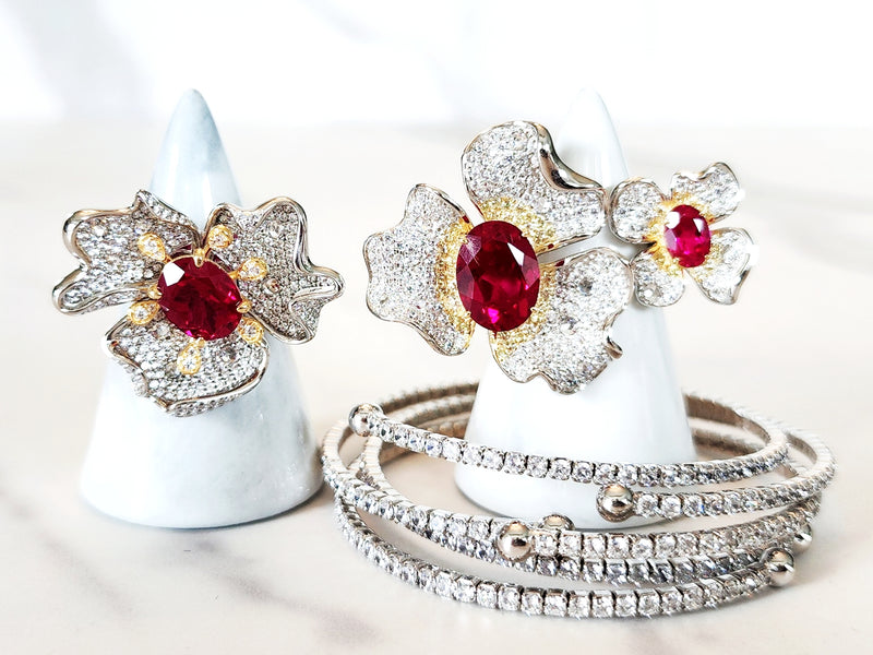 Sterling Silver Ruby Flower Rings and 3 Wrap Bracelets