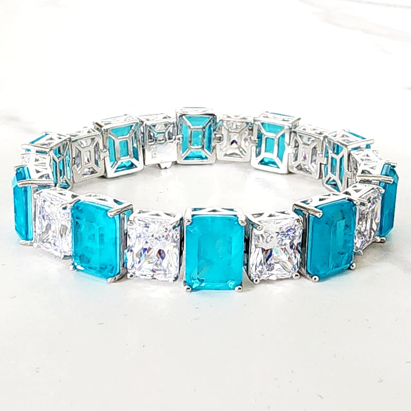 Sterling Silver Paraiba Tourmaline Diamond Tennis Bracelet