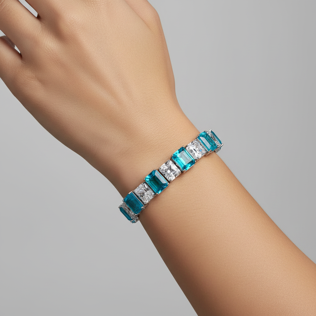 Sterling Silver Paraiba Tourmaline Diamond Tennis Bracelet