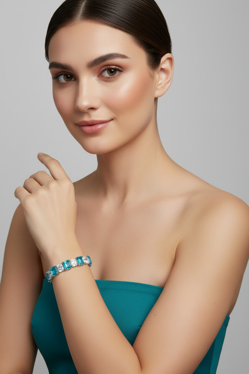 Sterling Silver Paraiba Tourmaline Diamond Tennis Bracelet