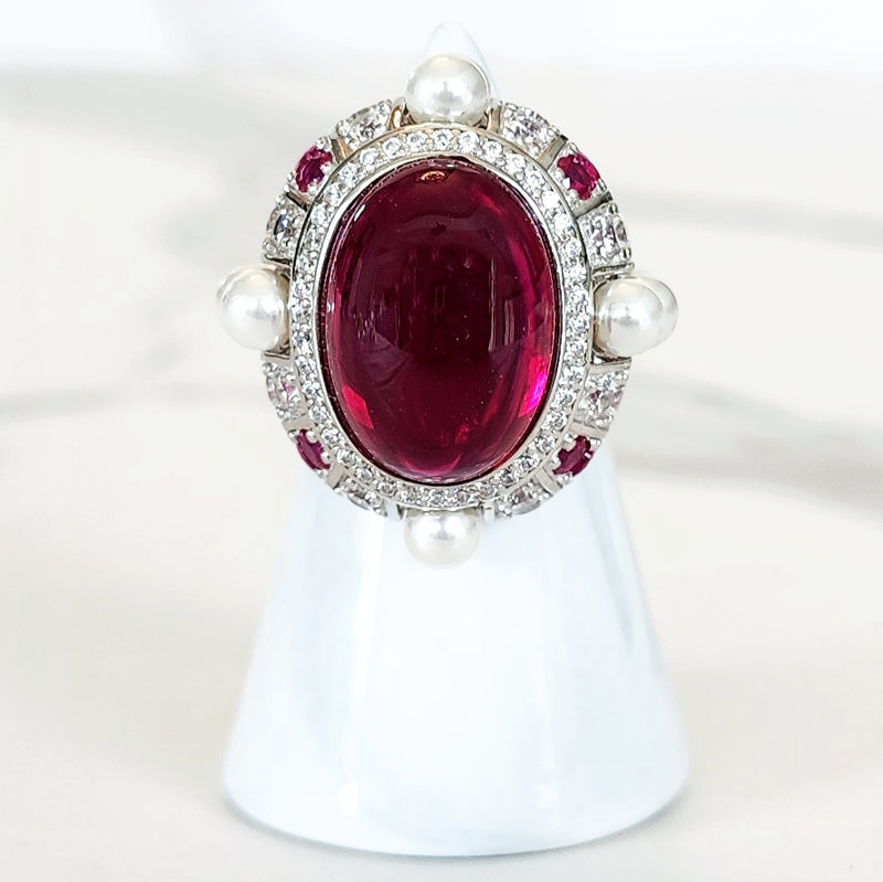 Sterling Silver Ruby and Pearl Embellished Ring and Bracelet