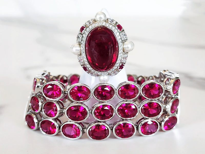 Sterling Silver Ruby and Pearl Embellished Ring and Bracelet