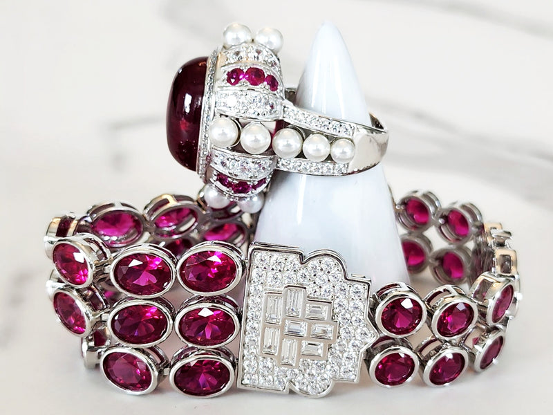 Sterling Silver Ruby and Pearl Embellished Ring and Bracelet