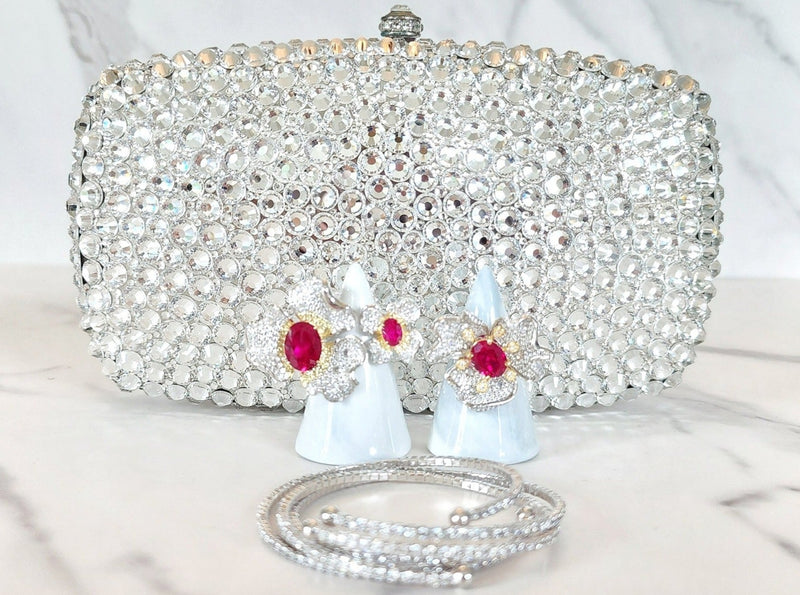 Silver Crystal Clutch Purse, 2 Sterling Silver Flower Rings and 3 Wrap Bracelets