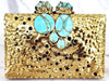 Gold and Turquoise Blue Clutch Purse, Goldtone Double Finger Ring and Turquoise Blue Enamel Bracelets