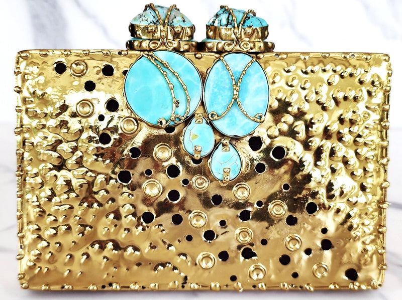 Gold and Turquoise Blue Clutch Purse, Goldtone Double Finger Ring and Turquoise Blue Enamel Bracelets