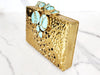 Gold and Turquoise Blue Clutch Purse, Goldtone Double Finger Ring and Turquoise Blue Enamel Bracelets