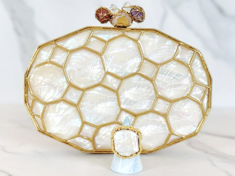 Gold and White Mother of Pearl Honeycomb Clutch and Sterling Silver Gold Embellished Pearl Ring