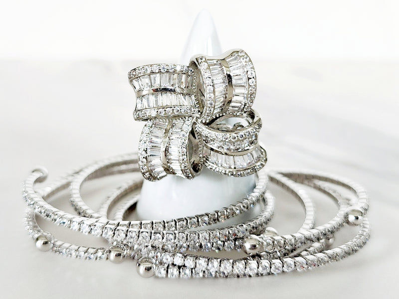 Sterling Silver Diamond Knot Ring and Wrap Bracelets