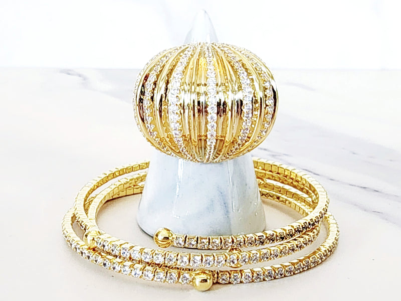 Sterling Silver Gold Plated Wrap Bracelets (3) and Goldtone Globe Ring