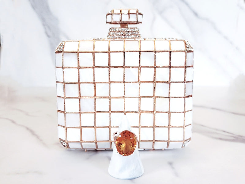 Square White and Rose Gold Clutch and Sterling Silver Rose Gold Plated Citrine Ring