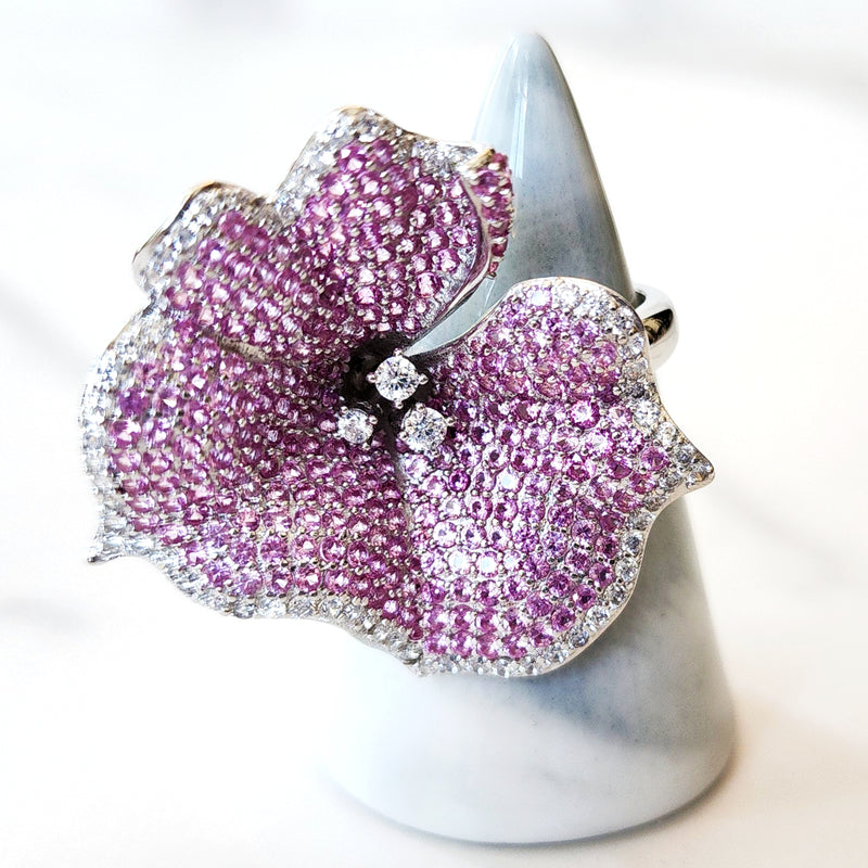 Sterling Silver Large Pink Pave Flower Ring