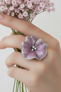 Sterling Silver Large Pink Pave Flower Ring