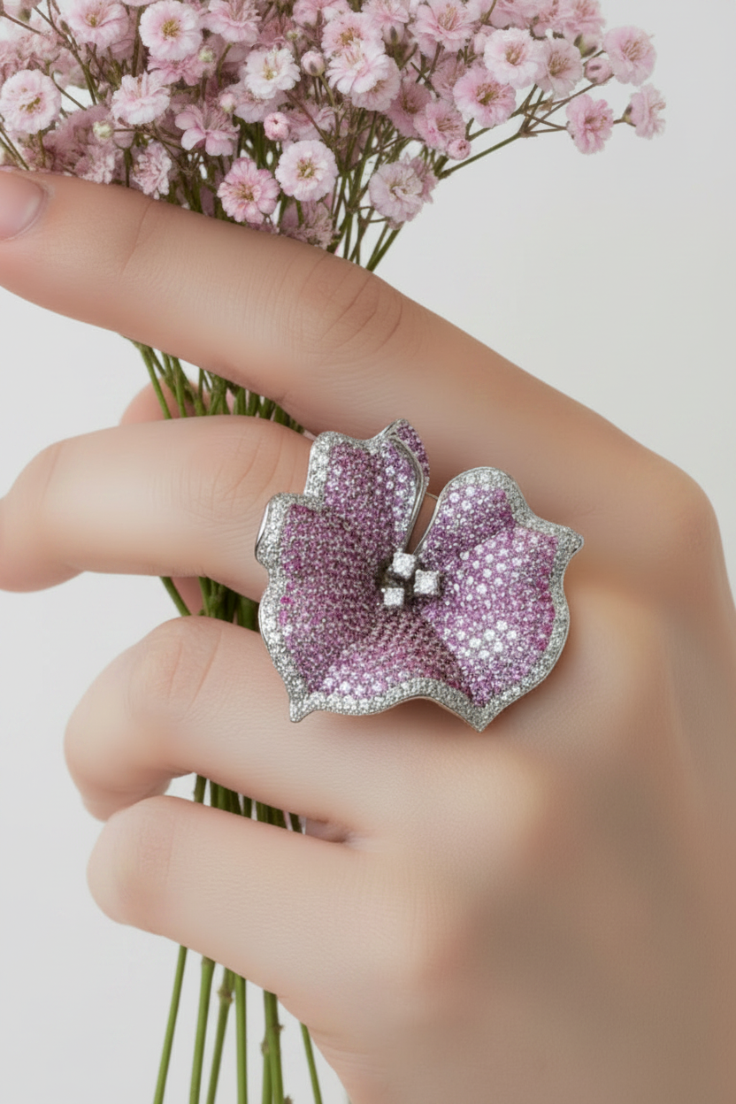 Sterling Silver Large Pink Pave Flower Ring