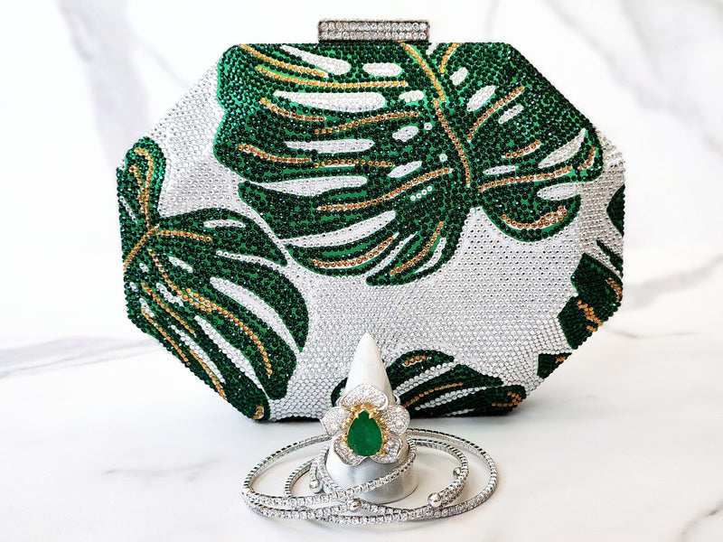 Banana Leaf Clutch Purse, Sterling Silver Green Flower Ring and 3 Wrap Bracelets