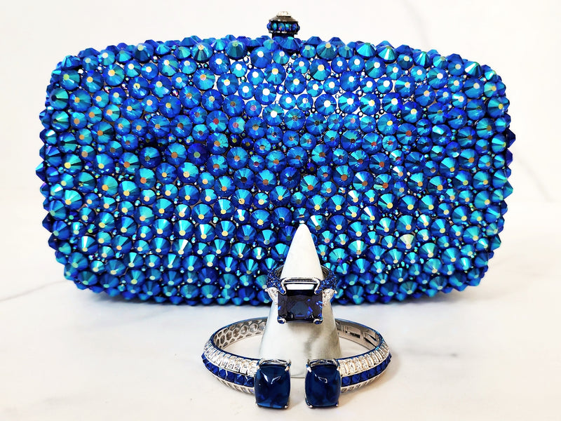 Blue Crystal Clutch, Sterling Silver Sapphire Ring and Bracelet