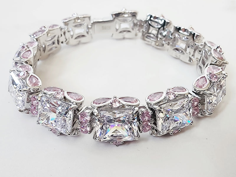 Sterling Silver Radiant Cut Pink and White Sapphire Bracelet