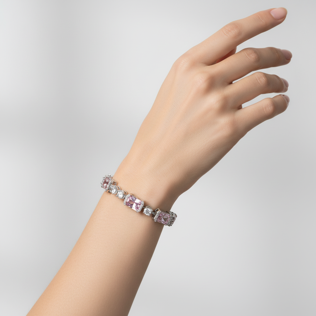 Sterling Silver Pink and White Diamond Bracelet