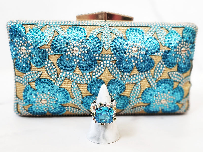 Blue Flower Clutch Purse and Sterling Silver Ring