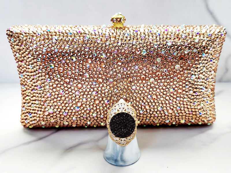 Champagne Crystal Clutch and Sterling Silver Gold Plated Spinel Ring