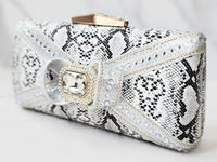 Gray Snakeskin Crystal Embellished Bow Clutch