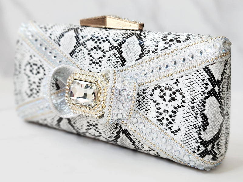 Gray Snakeskin Crystal Embellished Bow Clutch