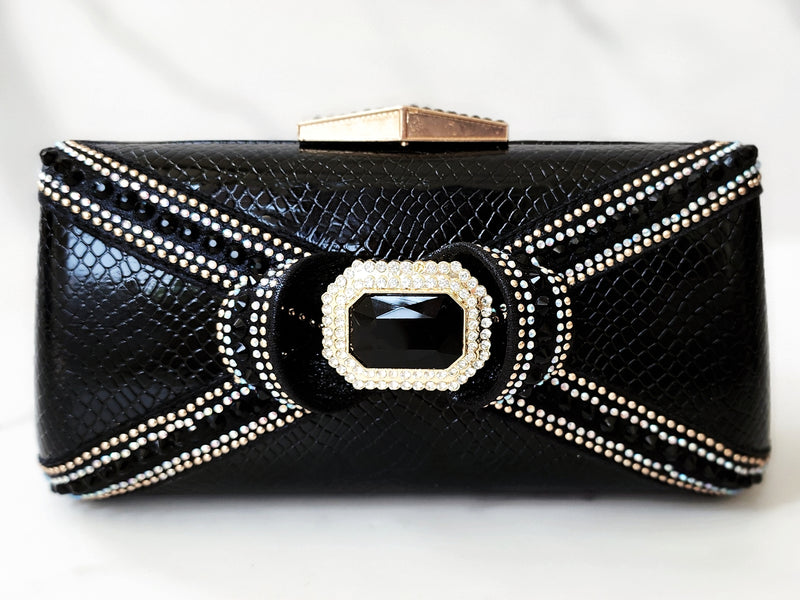 Black Snakeskin Crystal Embellished Bow Clutch