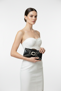 Black Snakeskin Crystal Embellished Bow Clutch