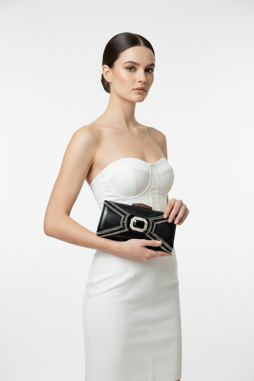 Black Snakeskin Crystal Embellished Bow Clutch