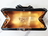 Black Snakeskin Crystal Embellished Bow Clutch