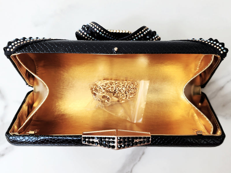 Black Snakeskin Crystal Embellished Bow Clutch