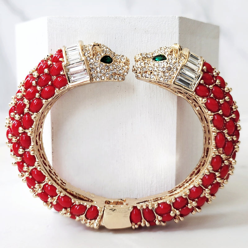 Cherry Red Double Head Panther Cuff Bracelet