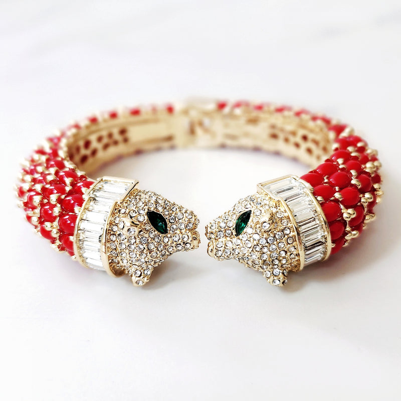 Cherry Red Double Head Panther Cuff Bracelet